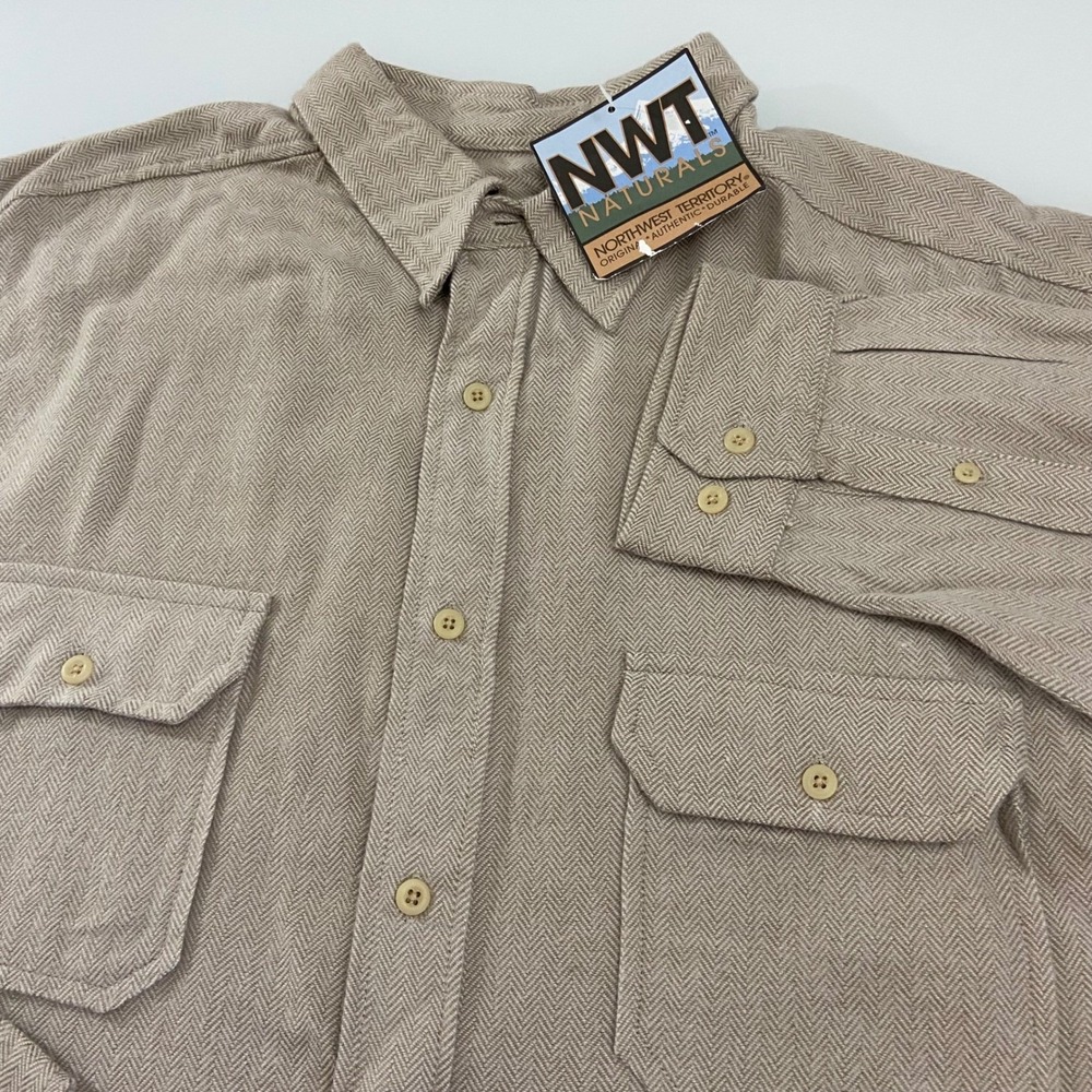 NWT Northwest Territory Men's L Beige Herringbone Cotton Linen Shirt New Outdoor